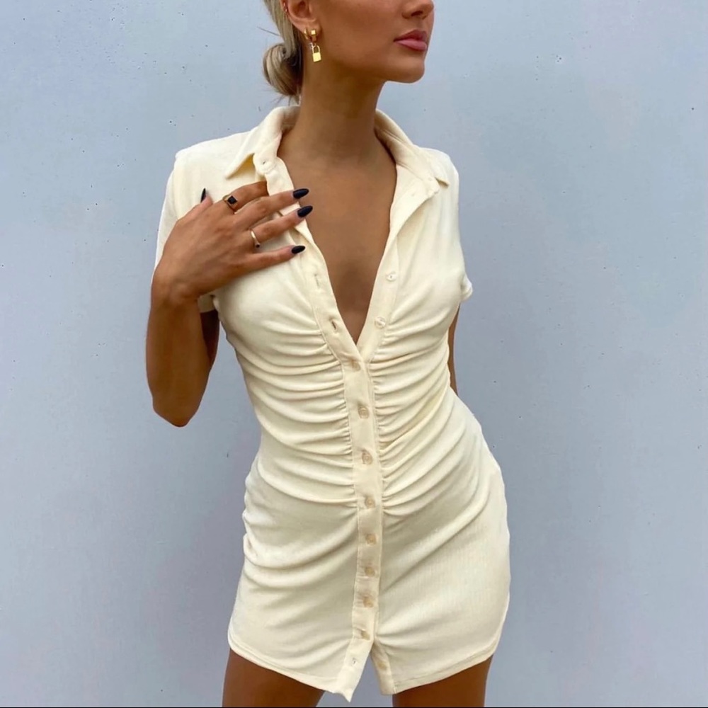 NEW With Jéan Alexa Mini Dress Ruched Button Down Buttercream